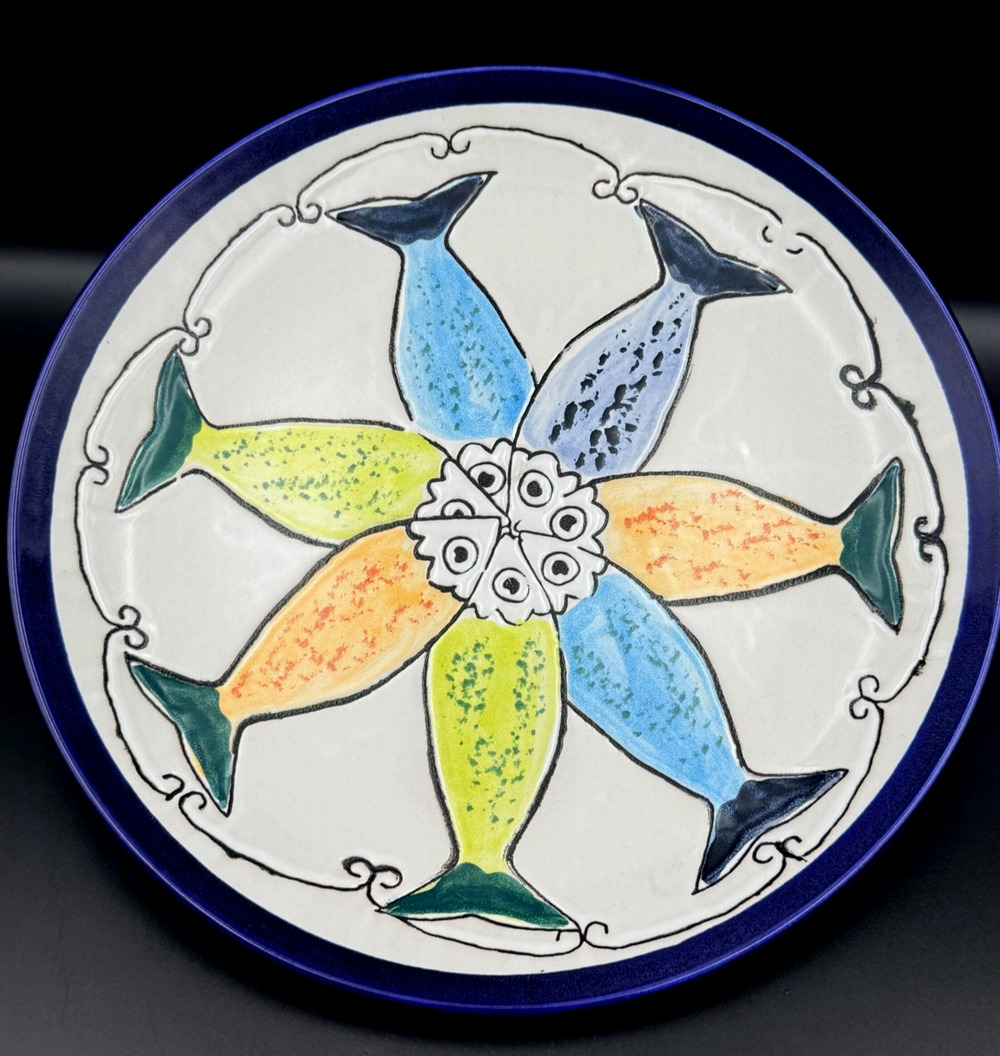 Blue Sky Ceramic Petite Sardines Cobalt Blue Fish 10" Dinner Plate Mediterranean